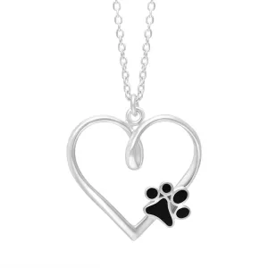 Sterling Silver Whitby Jet Heart Paw Print Necklace
