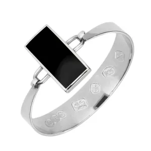 Sterling Silver Whitby Jet Oblong Stone Heavy Bangle