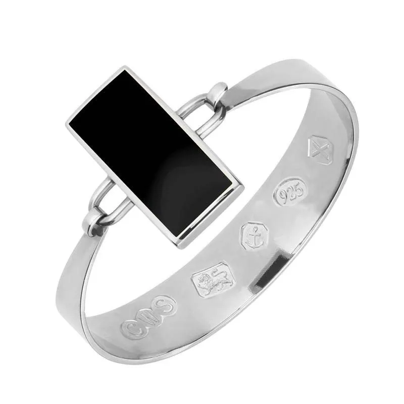 Sterling Silver Whitby Jet Oblong Stone Heavy Bangle