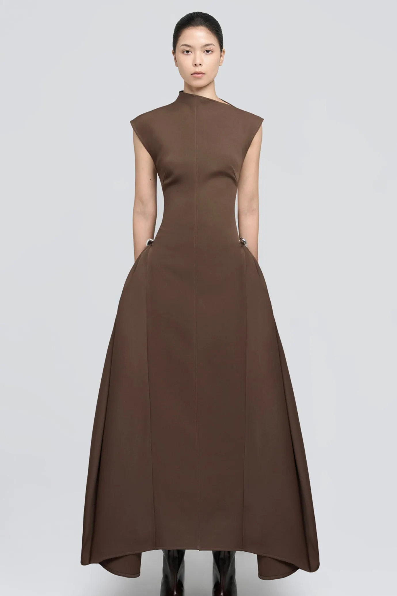 Tulipa Midi Dress in Twill Suiting Brown by CHATS by C.DAM