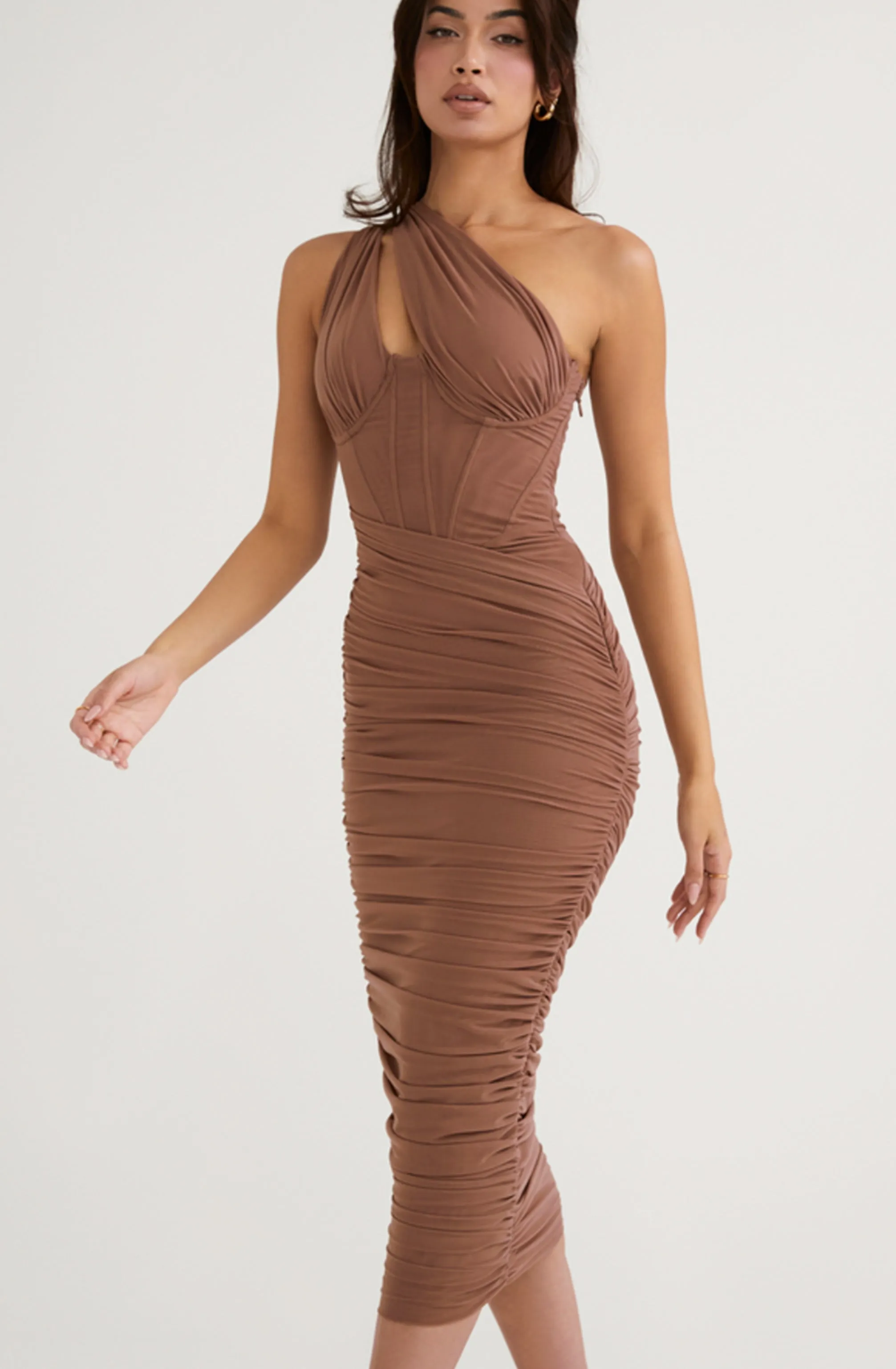 Valentina Mocha Asymmetric Cutout Midi by House of CB