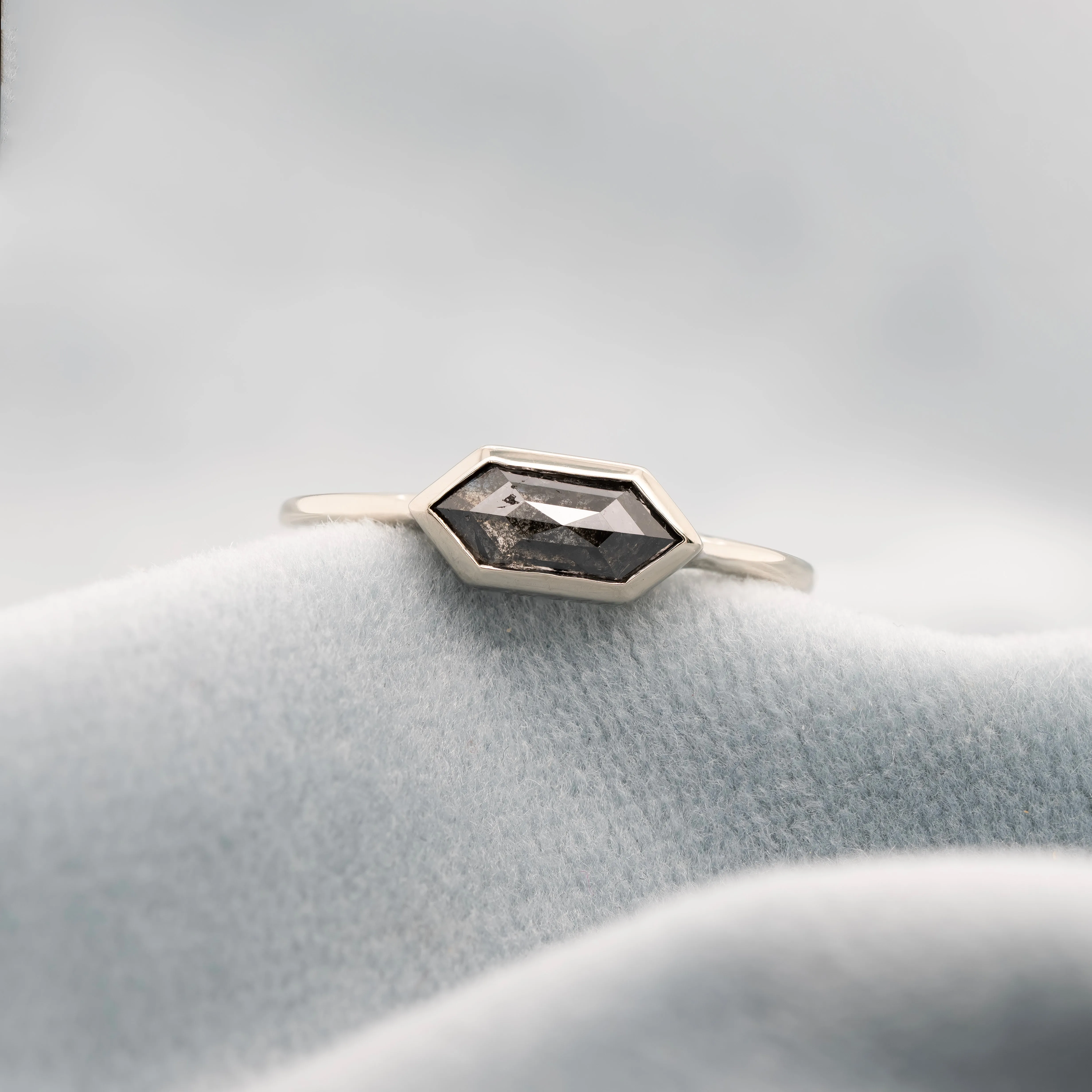 White Gold East-West Hexagonal Salt & Pepper Diamond Solitaire