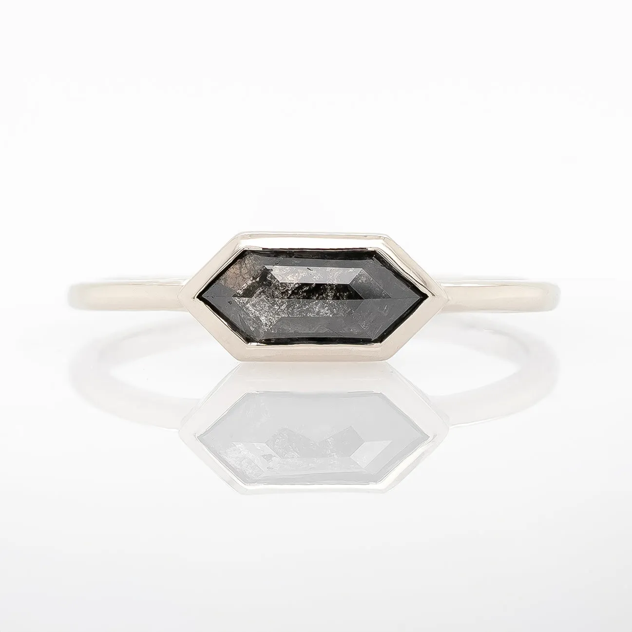 White Gold East-West Hexagonal Salt & Pepper Diamond Solitaire