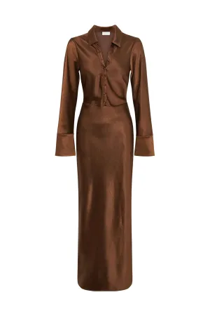 Whitley Satin Collared Maxi Dress Dark Brown by Meshki