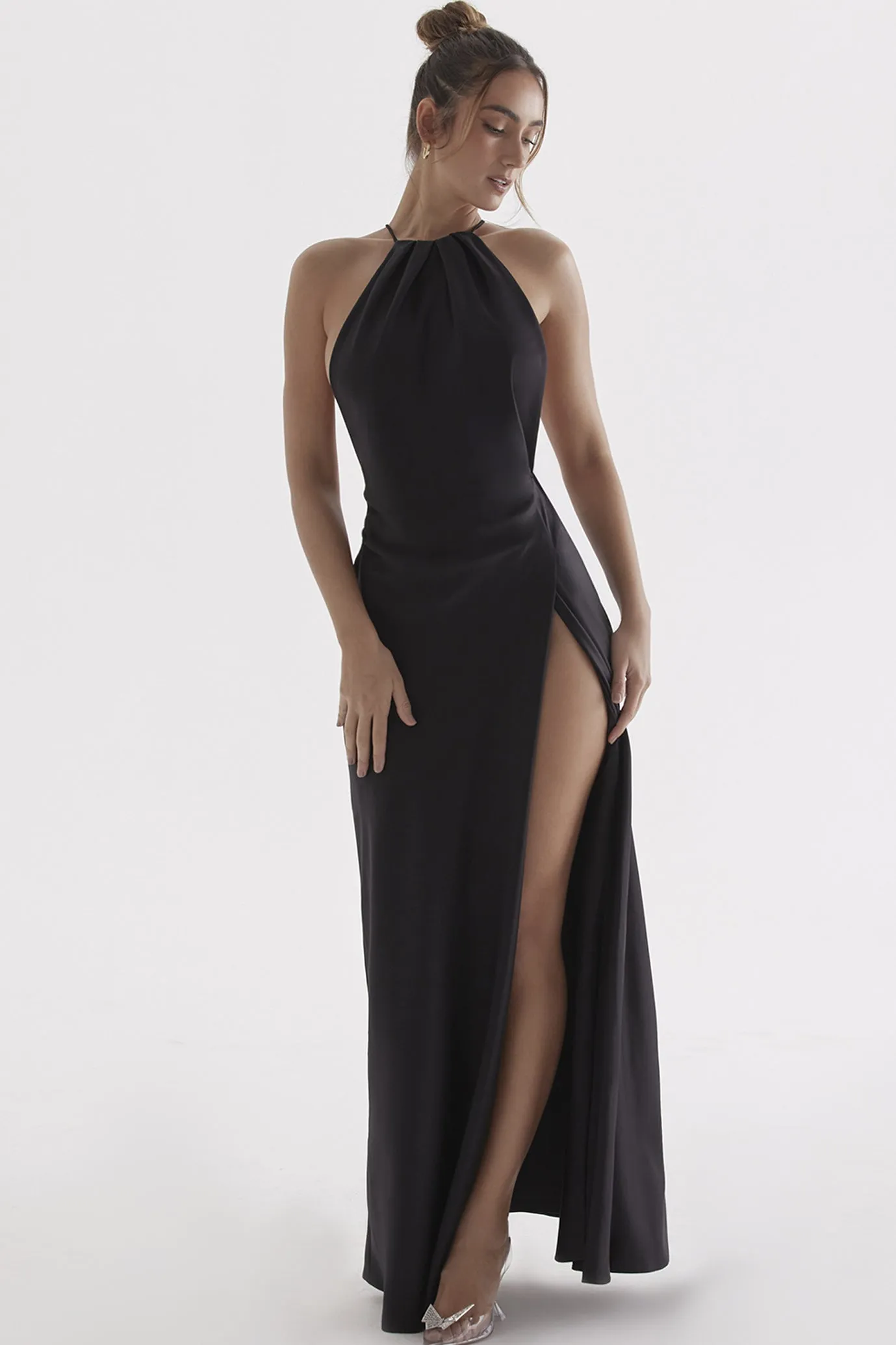 Zanab Black Thigh Slit Maxi Dress by House of CB